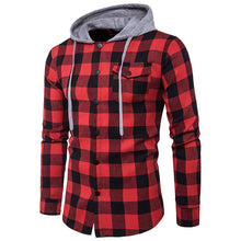 Load image into Gallery viewer, SHUJIN Plaid Printed Men's Shirts Long Sleeve Hooded Shirts for Male Autumn Coat with Buttons Streetwear camisa masculina