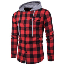 Load image into Gallery viewer, SHUJIN Plaid Printed Men's Shirts Long Sleeve Hooded Shirts for Male Autumn Coat with Buttons Streetwear camisa masculina