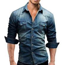Load image into Gallery viewer, CYSINCOS Denim Shirt Men Cotton Jeans Shirt Fashion Autumn Slim Long Sleeve Cowboy Shirt Stylish Wash Slim  Tops Asian Size 3XL