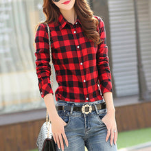 Load image into Gallery viewer, 2019 New Cotton Checkered Plaid Blouses Shirt Cage Female Long Sleeve Casual Slim Women Plus Size Shirt Office Lady Tops Red