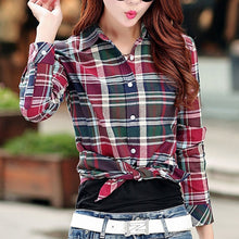 Load image into Gallery viewer, 2019 New Cotton Checkered Plaid Blouses Shirt Cage Female Long Sleeve Casual Slim Women Plus Size Shirt Office Lady Tops Red